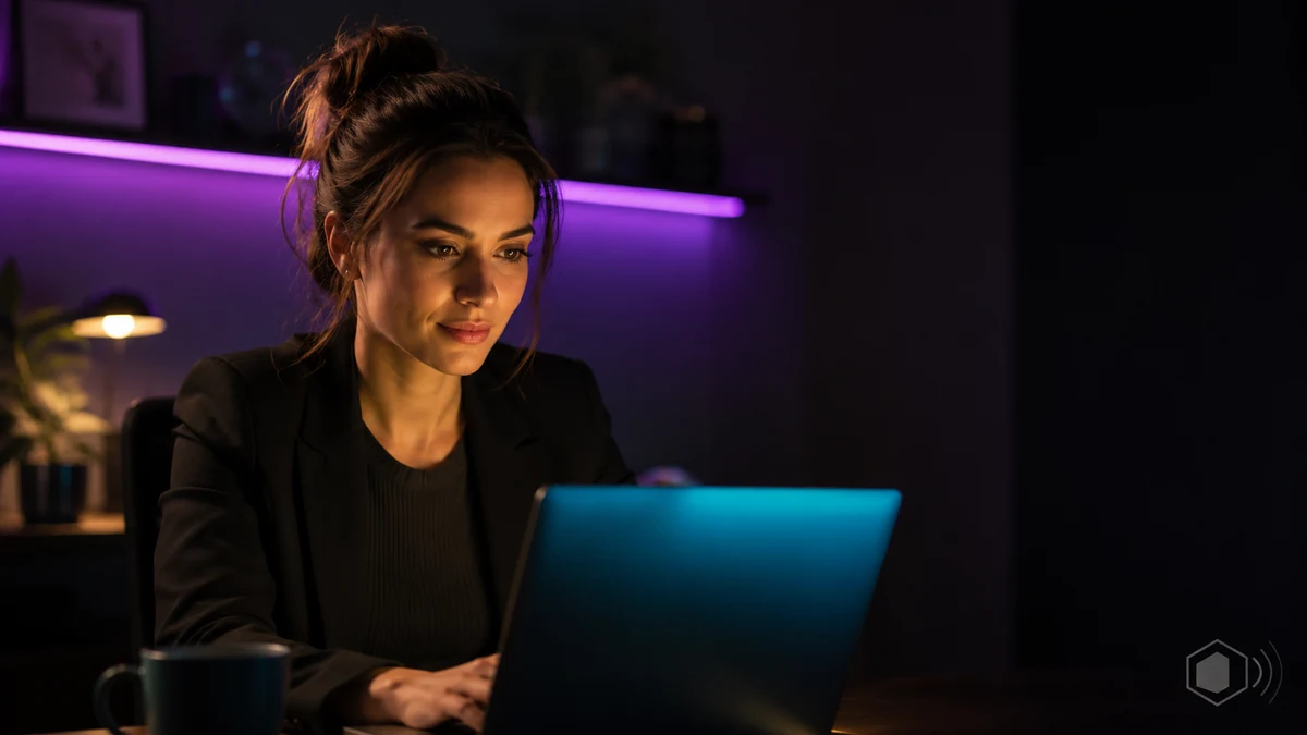 Professional woman working at a laptop in a dark studio with warm lighting