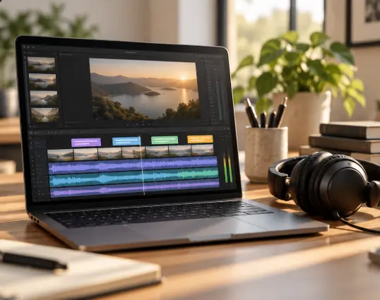 Laptop displaying a multilingual video-editing timeline beside headphones in a warm workspace