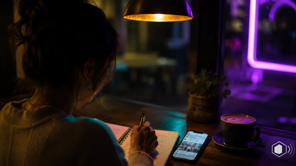 Woman writing social media captions in a notebook beside her phone in a cafe