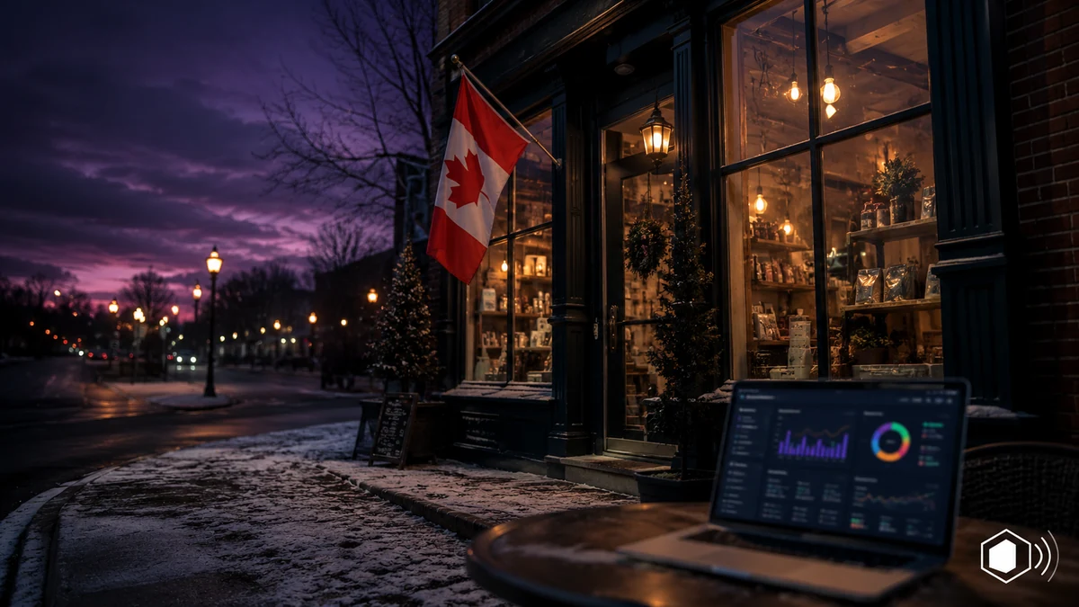 Canadian storefront at dusk with a laptop showing an analytics dashboard