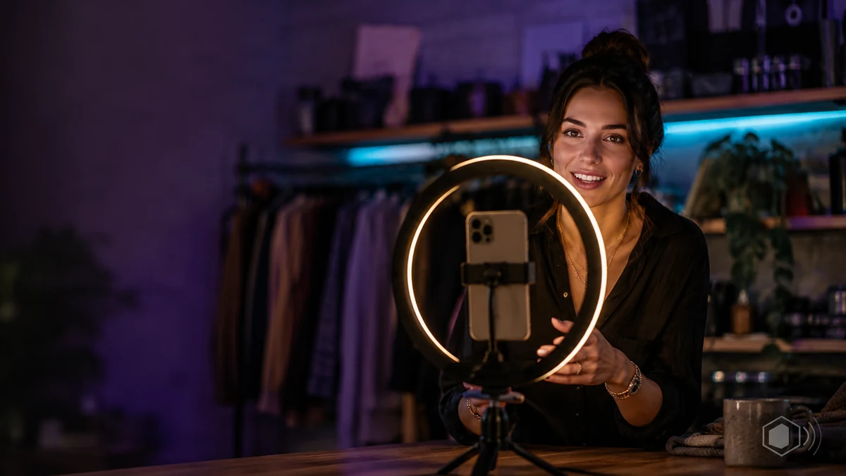 Business owner filming a video on a phone with a ring light in her boutique