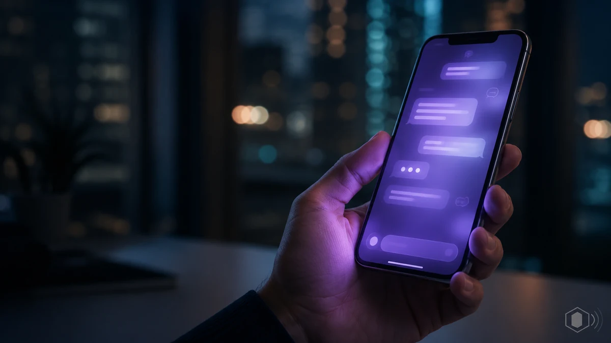 Hand holding a smartphone with a glowing AI chat interface