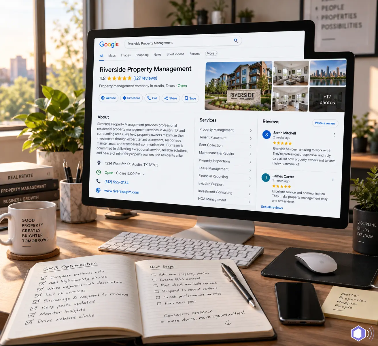 Business owner reviewing Google Business Profile optimization on a desktop monitor with local search results visible