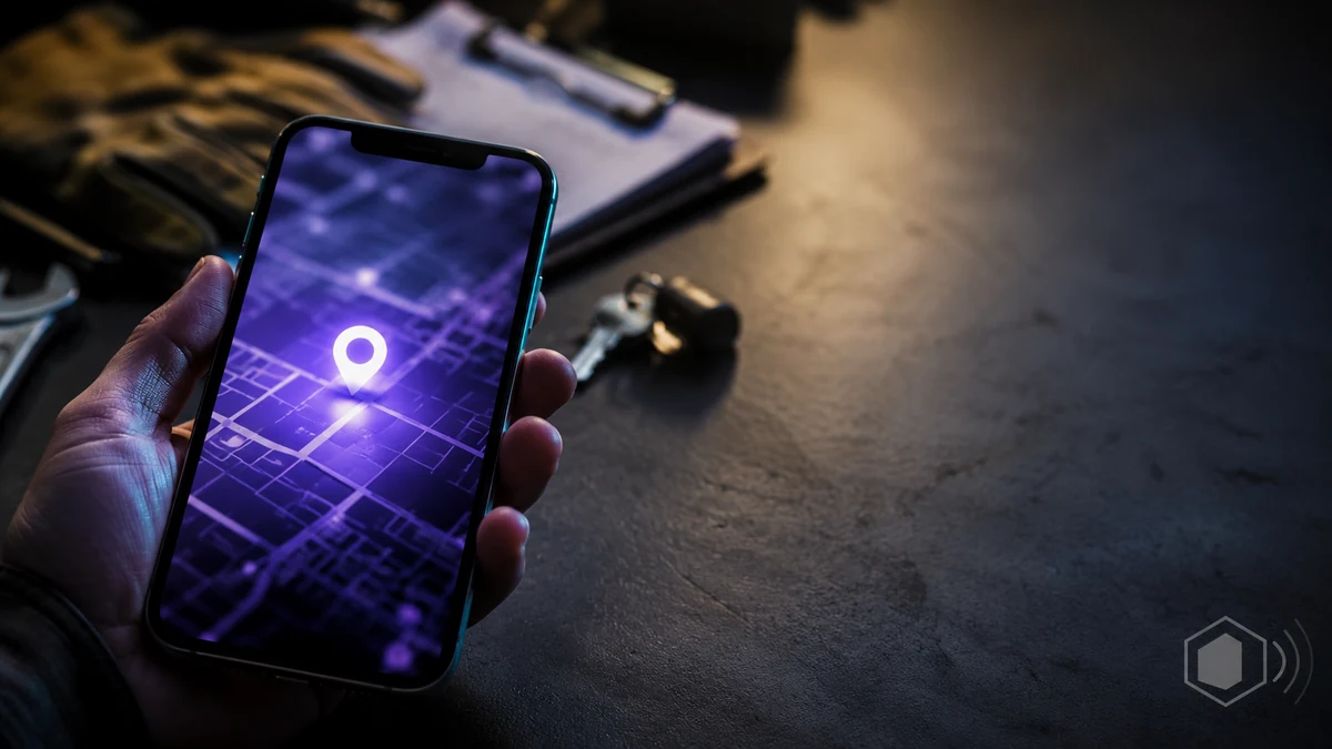 Smartphone showing a local map with a glowing location pin above a workbench