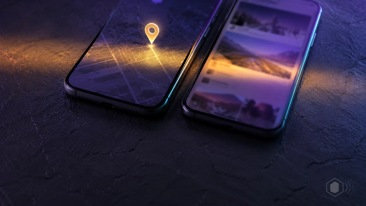 Two phones side by side, one showing a map and one showing a social feed