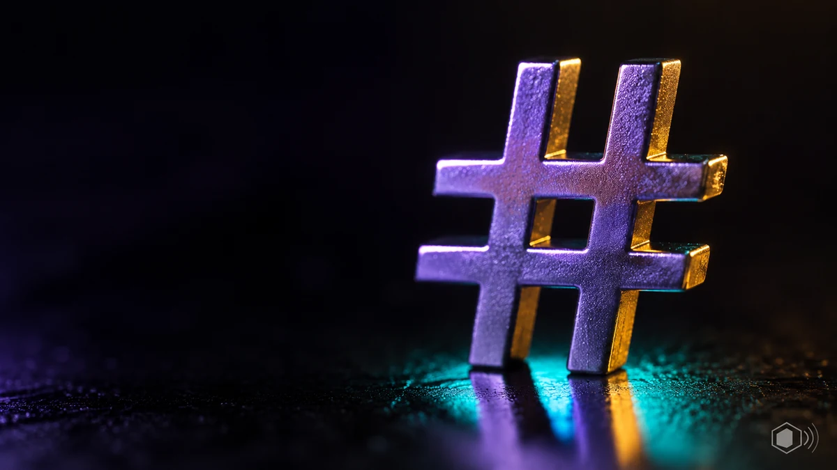 Metallic 3D hashtag sculpture lit with purple and gold light