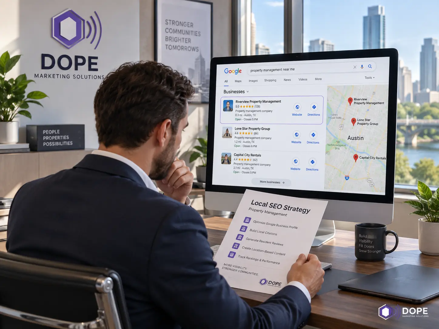 Modern office with property manager reviewing a local search ranking on a large monitor