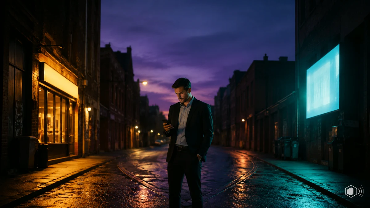 Business owner standing between two lit city paths at night