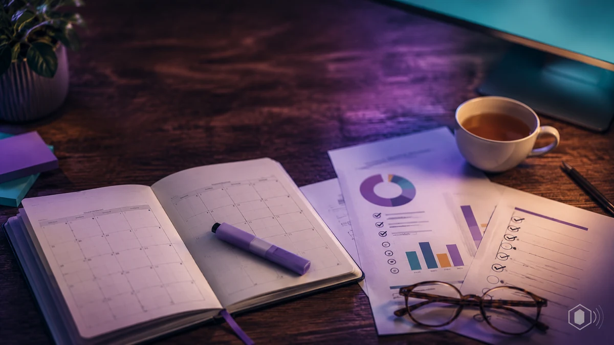 Overhead view of a desk with a July planner, printed charts, and a cup of tea