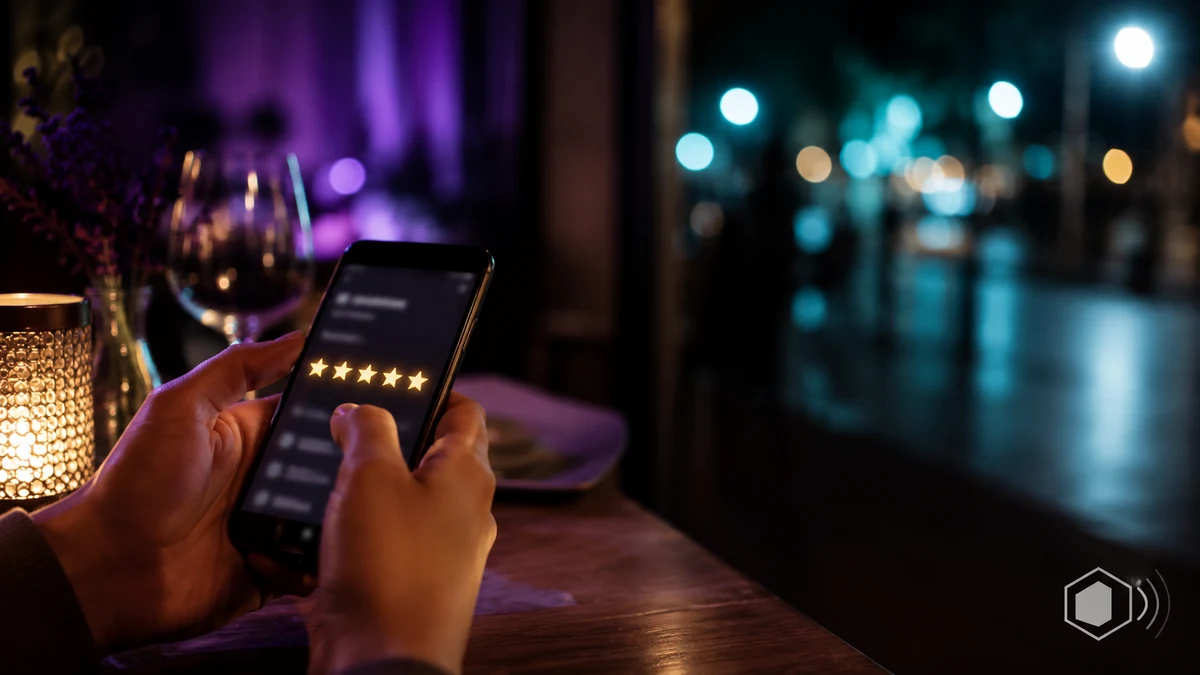 Customer holding a phone with a five-star rating at a restaurant table