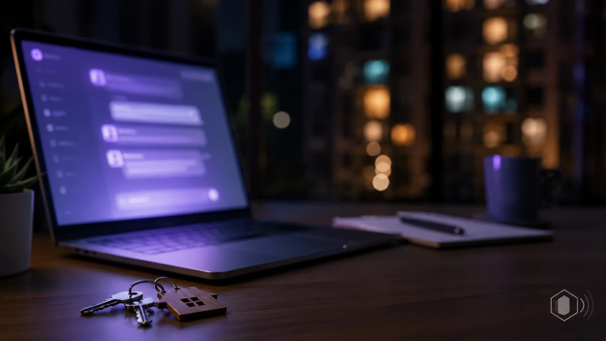 House keys in focus beside a laptop showing an AI chat interface at night