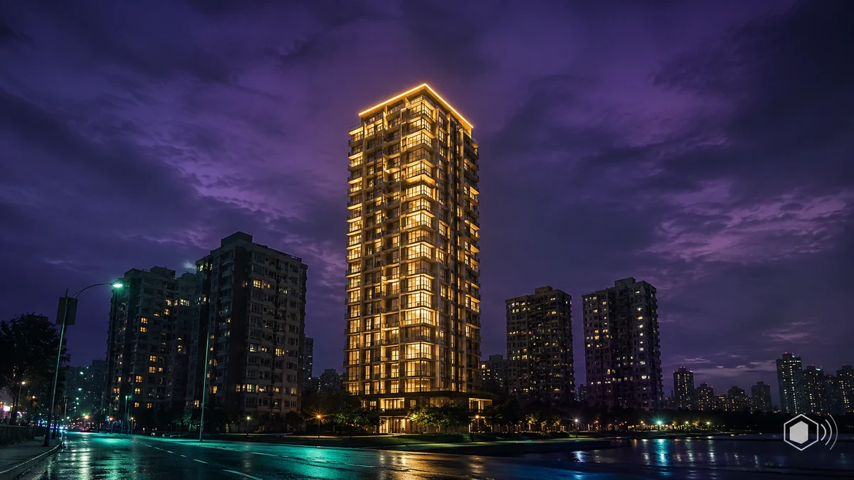 Illuminated apartment building standing tallest in a night skyline
