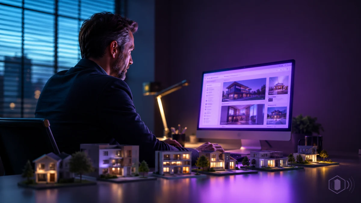 Property manager reviewing a website with miniature house models on the desk