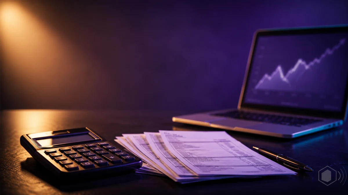 Calculator, invoices, and a laptop showing a rising graph on a dark desk