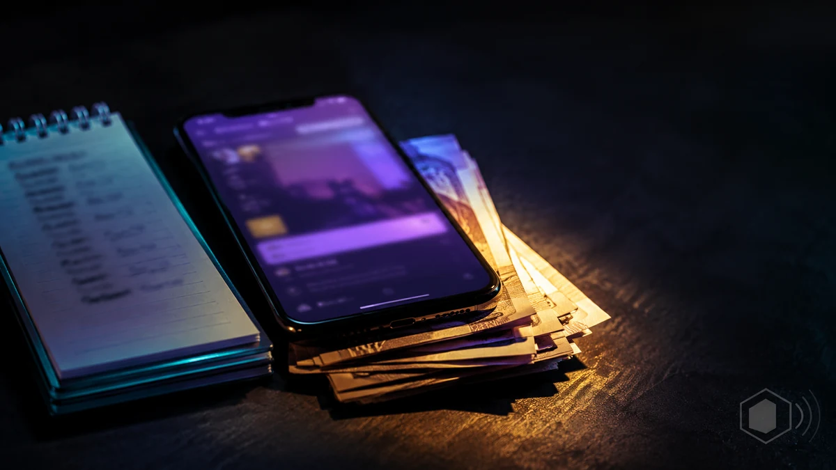 Phone with a social feed resting on banknotes beside a pricing notepad