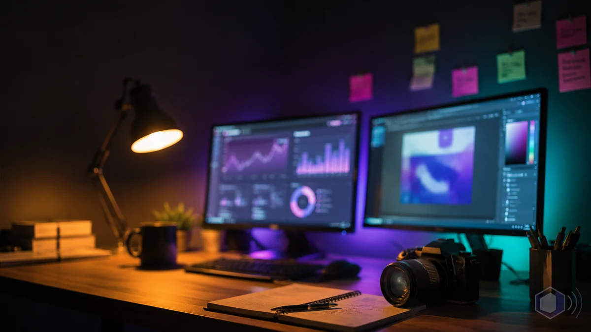 Marketing workstation with dual monitors showing dashboards and design work