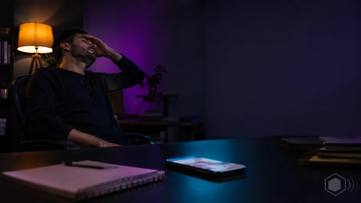 Business owner leaning back at his desk late at night with his phone glowing